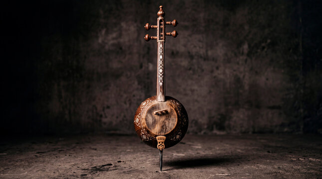 Persian kamancheh spike fiddle with inlay standing on a concrete floor