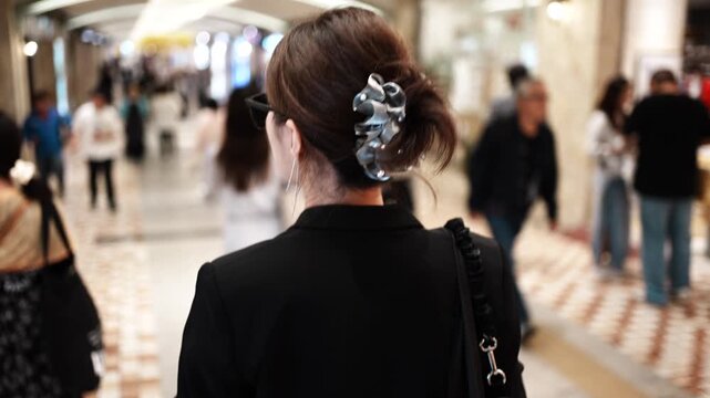 Urban Lifestyle Scene With Woman Walking Through Indoor Shopping Street, Slow Motion