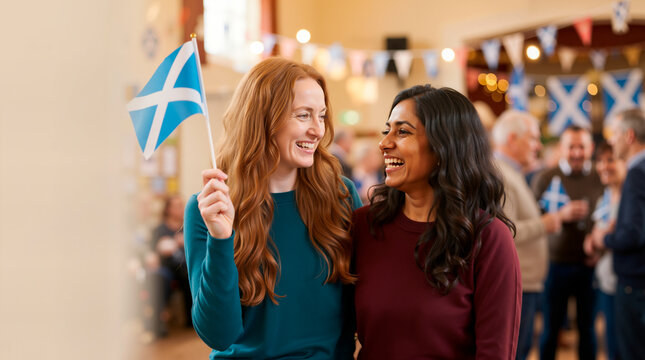 Two diverse female friends celebrating St Andrew's Day together. Happy women holding a Scottish flag at a festive event in Scotland