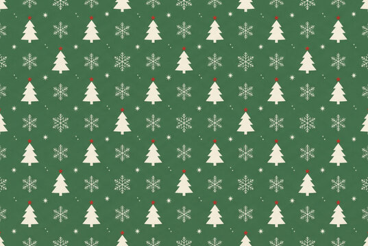 Green Christmas background with snowflakes and christmas trees,seamless pattern of christmas trees and snowflakes on green background,Christmas wrapping paper, Xmas pattern with ornaments.