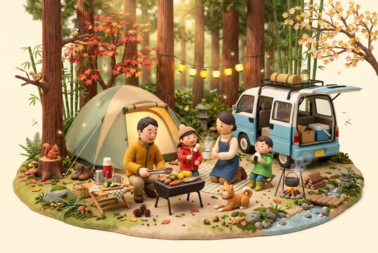 紅葉の森でキャンプを楽しむ家族とバーベキュー、秋のアウトドアを表現したジオラマ風イラスト