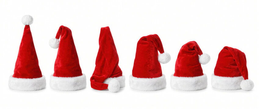 set collection of red santa claus christmas hat seasonal design pattern isolated white background