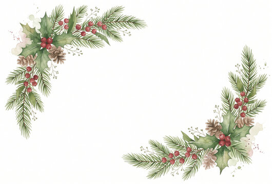 Watercolor Christmas with fir branches and place for text. Illustration isolated on transparent background.