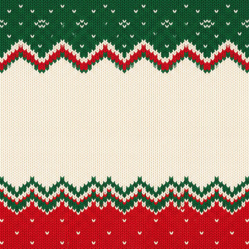 Ugly sweater Merry Christmas and Happy New Year greeting card frame border template. Vector illustration knitted background pattern with scandinavian ornaments. White, red, green colors. Flat style