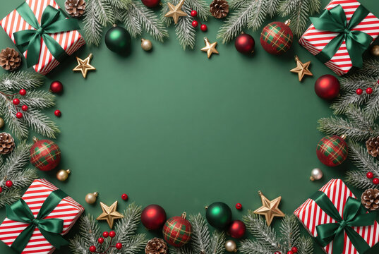 Christmas Eve concept. Top view photo of gift boxes with ribbon bows green red baubles gold star ornaments and pine branches on isolated green background with copyspace in the middle