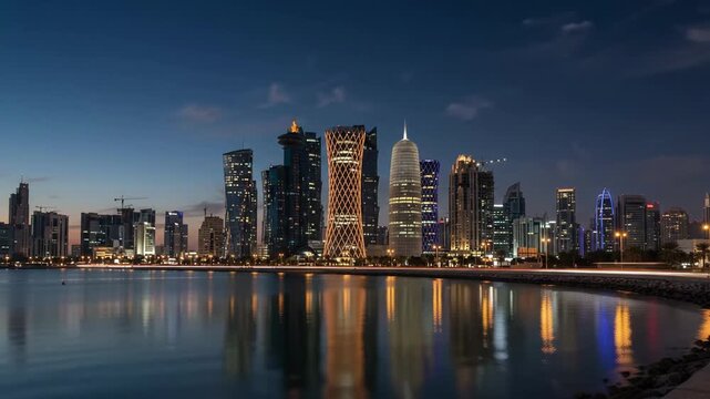 Doha West Bay modern skyline sunset to night time lapse in Qatar