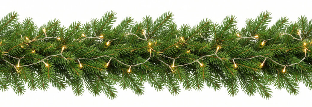 Seamless decorative christmas border with coniferous branches and garlands on transparent background, cutout