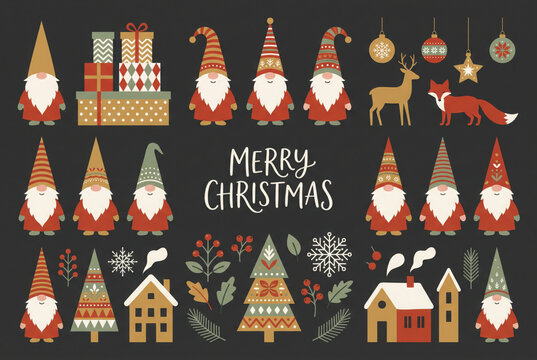Set of graphic elements for Christmas cards. Gnome, deer, Christmas Trees, snowflakes, stylized gift boxes. Black background.