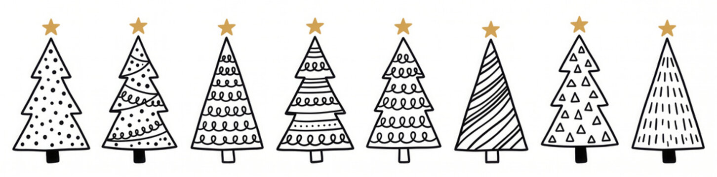Hand drawn Christmas tree silhouettes. Black christmas trees on isolated white background with gold stars