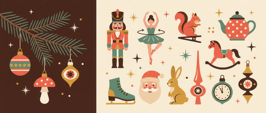 Collection of beautiful baubles and decorations for Christmas tree. Set of holiday ornaments. Figures of animals, Santa Claus, nutcracker, ballerina. Colored vector illustration in flat cartoon style.