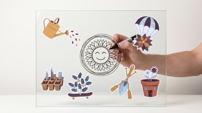 Hands interacting with icons of a watering can, sunflower, potted plant, gardening tools and holly leaves, plant gifts and winter garden decoration for Christmas