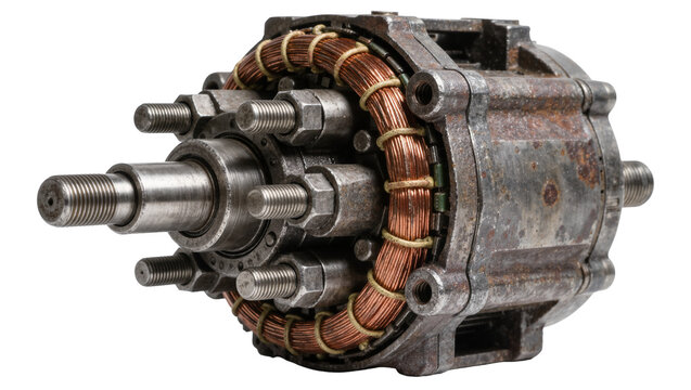Isolated old rusty electric motor rotor with copper wire windings and metal casing
