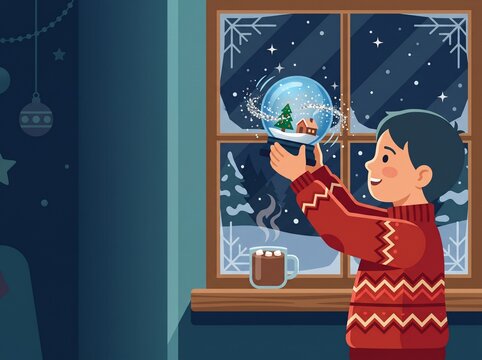 Child shaking snow globe by the window