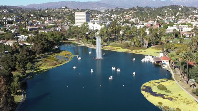 Aerial view of Echo Park Lake with pedal boats in Los Angeles
