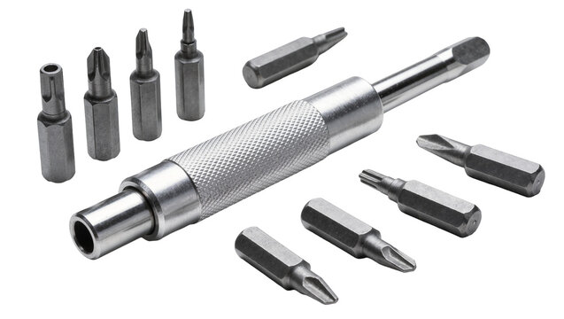 Isolated metal screwdriver set with interchangeable bits and textured handle for mechanical work.