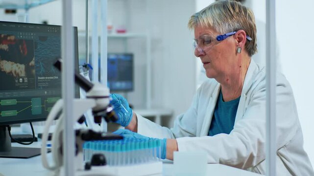 Microscope, sample and scientist in a modern laboratory as senior woman inspects a small glass tube beside testing equipment, for biotechnology research, medical analysis and specimen examination.
