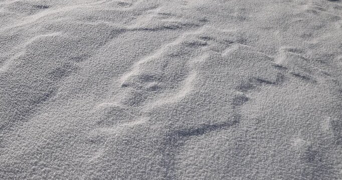 Winter snow texture with natural patterns on the ground; white snow texture with intricate, fine details