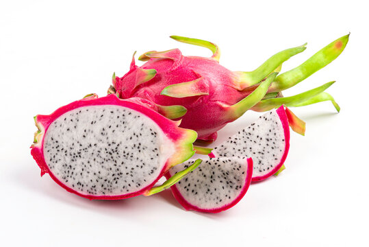 Group of  Dragon fruits with cut in half and sliced isolated on white background.