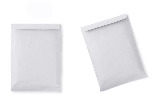 Top view of two empty white mailing envelopes ,stationery mockup for business branding, office supplies, and document delivery concepts isolated on white background.