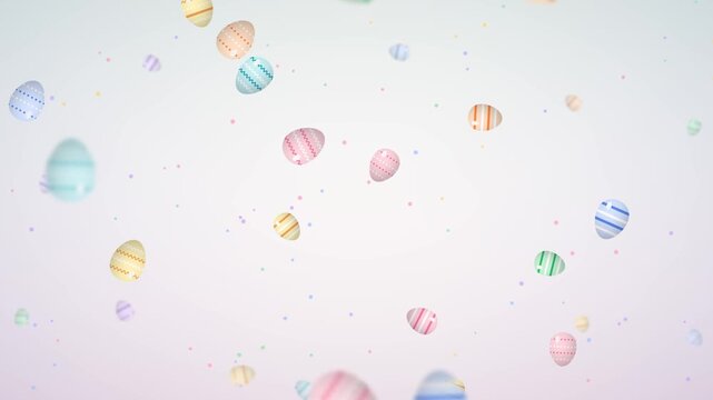 Easter animation with colorful decorated eggs falling and rotating on soft pastel background with confetti, seamless loop for spring holiday greeting, kids content and Easter sale promo video