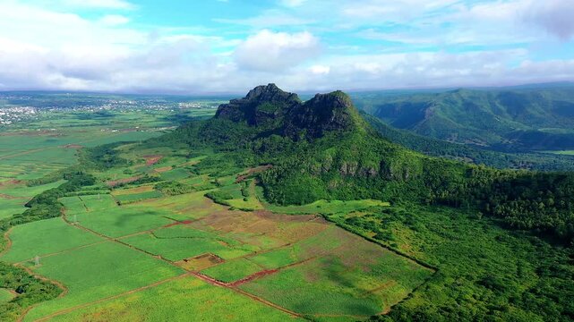 Aerial view of the Mont du Rempart mountain, corps de grande, Mont saint Pierre region Black River, behind the places Vacoas-Phoenix and Quatre Bornes, Mauritius