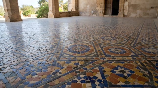 Ornate mosaic tile floor inside a historic Mediterranean architectural hall