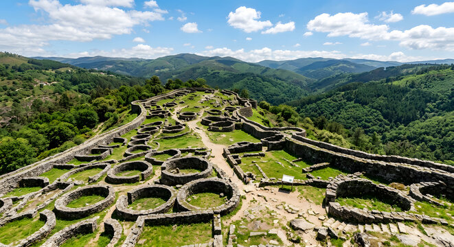 Aerial view of ancient stone ruins of a historic hillfort on a green mountain ridge