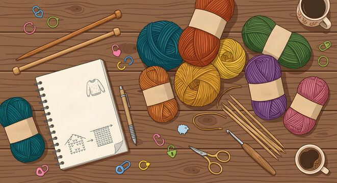 Knitting and craft workspace flat lay with colorful yarn and notebook