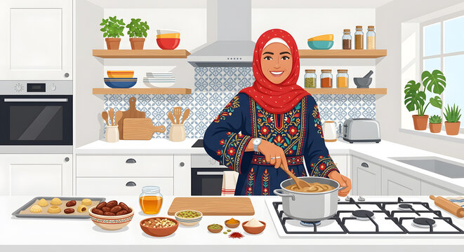 A smiling woman wearing a hijab cooking in a bright modern kitchen