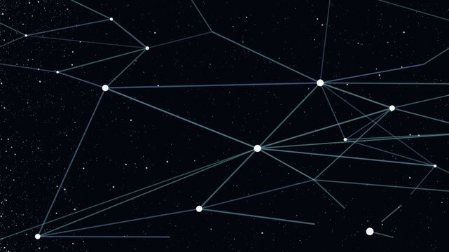 Network connection nodes and constellations overlay on dark starry sky for global data communication and technology infrastructure