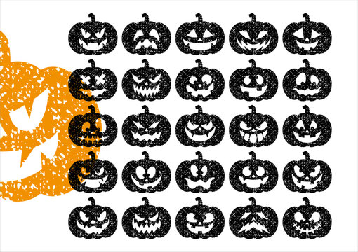 Distressed Halloween Pumpkin Bundle. 25 Halloween Pumpkin Designs. Distressed Grunge Style. Vector Illustration.