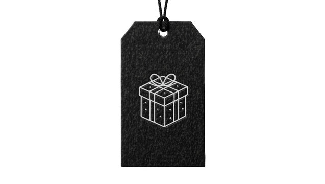 Isolated elegant black textured gift tag with a white outlined present icon and tied black string