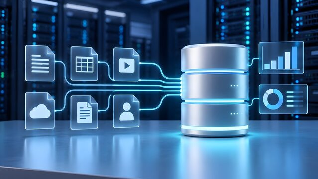 Three-tier database server collecting diverse digital files, cloud data, user records to generate business intelligence analytics charts