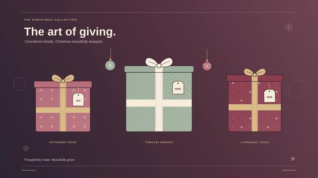 Christmas gift boxes with ribbons and bows in a minimalist flat vector animation on a burgundy background celebrating festive gift giving and elegant holiday packaging in soft seasonal colors