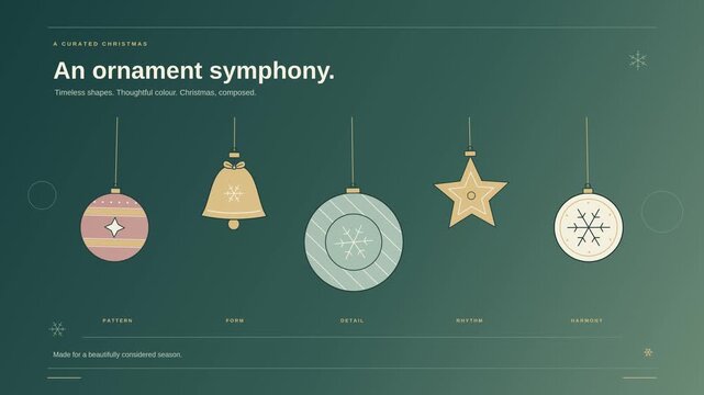 Christmas ornaments with hanging baubles and a golden bell beside a decorative star in a minimalist flat vector animation on a deep green background with delicate patterns and muted festive colors