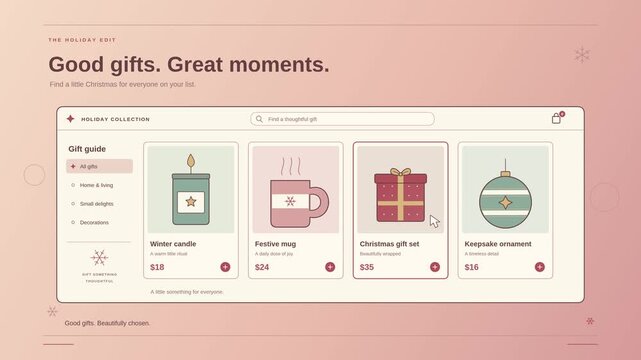 Christmas online gift shop with product cards showing a mug and wrapped presents beside festive ornaments in a pastel flat vector animation illustrating holiday shopping and a ecommerce catalog