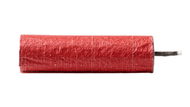 Isolated traditional red firecracker stick with fuse, a classic symbol of celebration and danger.