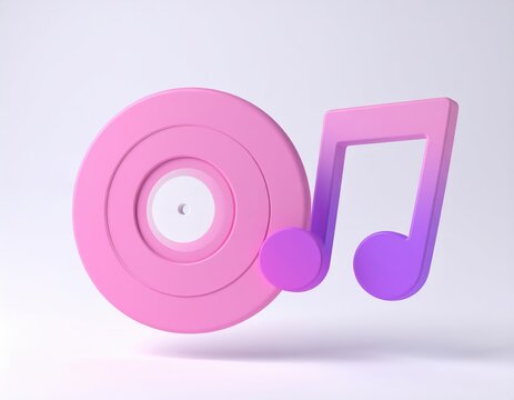 Pink vinyl record and musical note icon 3D illustration for music industry and audio app UI design
