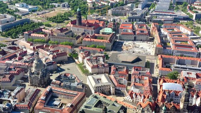 Drone shot, flight over the historic Old Town, the Elbe River and all sights, jetty, Church of Our Lady, Schlosskirche, Dresden Castle, City Hall, Kreuzkirche, Semperoper, Zwinger, Dresden, Saxony, G