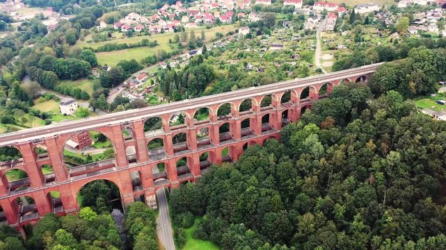Aerial view of the G&ouml;ltzsch Valley Bridge, an impressive brick viaduct that majestically spans the G&ouml;ltzsch valley. The bridge consists of several arches and is the largest brick bridge in the worl