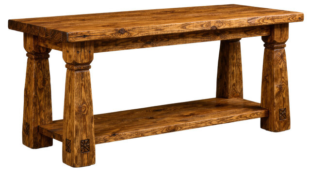 Isolated rustic wooden console table with lower shelf, chunky design and traditional details