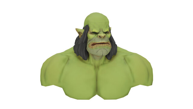 3d rendering of green orc bust on white background