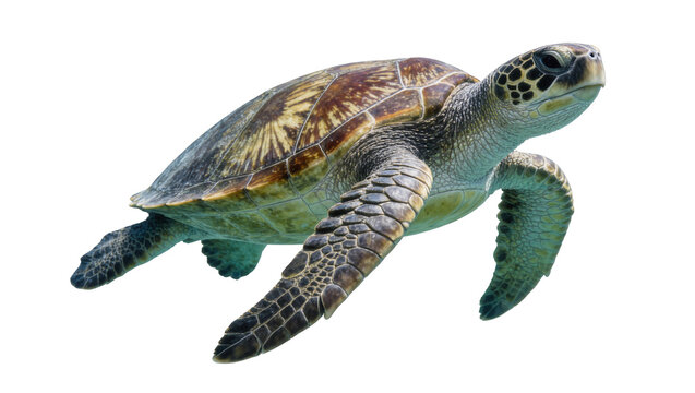 Isolated magnificent green sea turtle swimming, an elegant marine reptile in wildlife