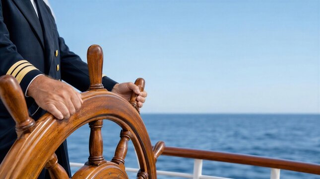 Man in uniform steering a ship's wheel on a calm ocean  