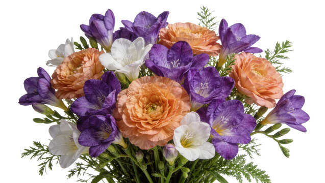 Isolated fresh elegant bouquet with vibrant orange ranunculus and purple freesia flowers