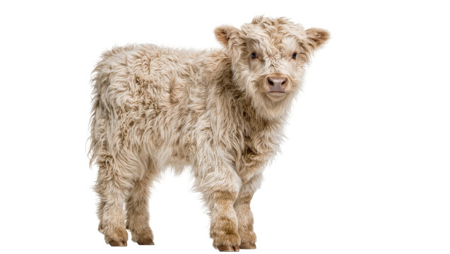 Isolated cute fluffy young cream-colored Highland calf standing, looking at viewer