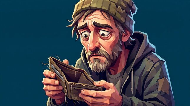 Low poly vector art of a sad homeless man looking inside an empty worn out wallet with financial despair and poverty