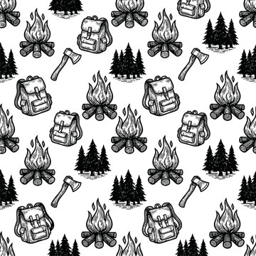 Seamless pattern of vintage camping elements with campfire and backpack