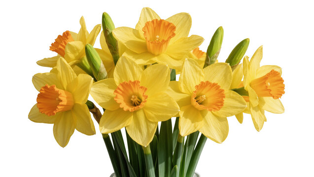 Isolated vibrant yellow and orange daffodils bouquet with green stems, ready for spring