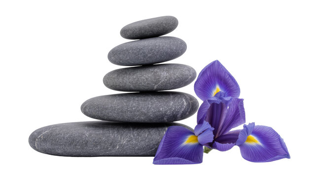 Isolated stack of smooth grey zen stones with vibrant purple iris flowers, symbolizing balance and harmony